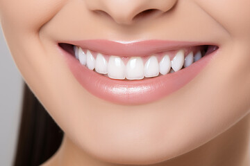 Fototapeta premium Closeup of a young woman smiling with white teeth. Dentistry concept.