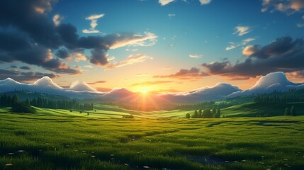 Bright sunset over green field.