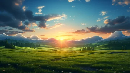 Fotobehang Bright sunset over green field. © Muhammad