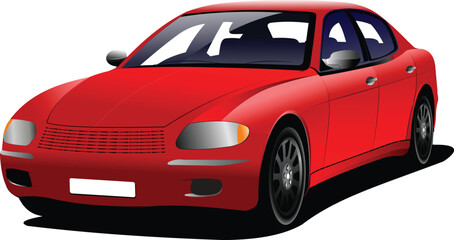 Red car sedan on the road. Colored Vector illustration.