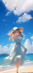 A cute and beautiful anime girl on the beach in summer