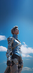 A handsome game character is looking at the sky