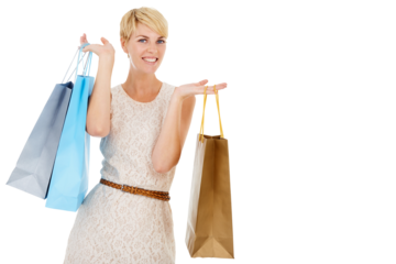 Happy woman, portrait and shopping bag for discount, sale and retail giveaway in commerce or fashion. Young customer or excited person with gift, luxury or deal isolated on transparent png background