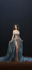 Full body view of a beautiful woman in a blue dress