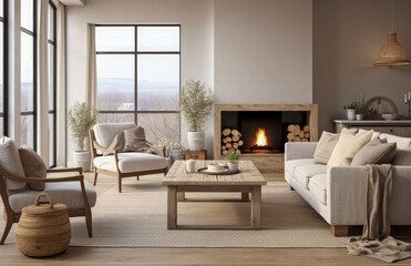 Fototapeta premium Luxurious living room area composition in rustic style