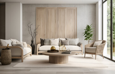 Luxurious living room area composition in rustic style