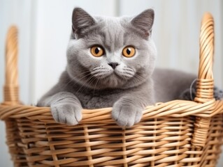 British Shorthair cat in a basket