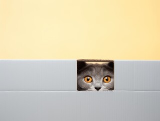 British Shorthair cat peeking out of a gift box