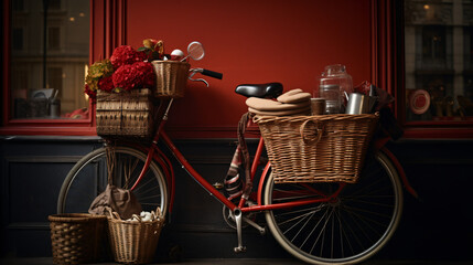 Fototapeta na wymiar A bicycle basket full of flowers and jars. Generated AI