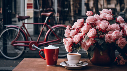 Cup of coffee and flowers on the side of an outdoor cafe. Generated AI