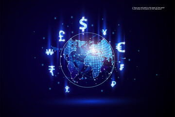 Crystal world on banknote with international currency sign for money transfer and forex exchange concept. Low polygon or low poly design.