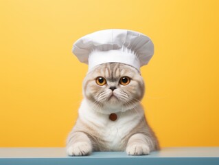 Scottish Fold Cat in a tiny chefs hat. Yellow background.
