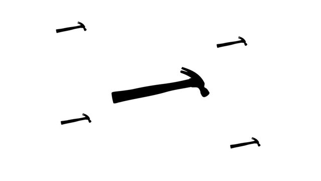 Zoom in and out animation the hammer symbol. Large black symbol in the center and four small symbols around. Seamless looped 4k animation on white background