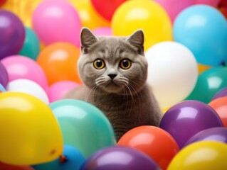 Fototapeta na wymiar Scottish Fold Cat surrounded by colorful balloons