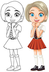 Smiling Cartoon Girl Student in School Uniform