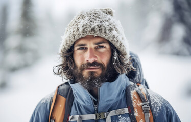 Fototapeta premium Portrait of a man hiking in mountains at winter