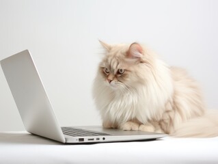 Siberian cat with a laptop. White background.