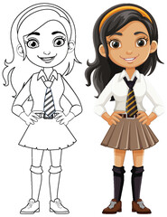 Smiling Cartoon Girl Student in School Uniform
