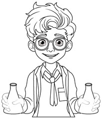 Male student cartoon holding conical flask on science class experiment