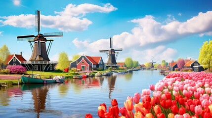 Landscape with tulips, traditional dutch windmills and houses near the canal in Zaanse Schans, Netherlands, Europe - obrazy, fototapety, plakaty