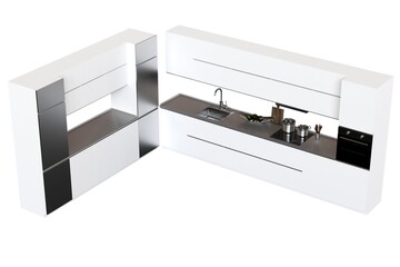 modern kitchen isolated on white background, home furniture, 3D illustration, cg render