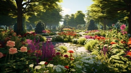 Fototapeta na wymiar Ornamental garden, a fragment of a landscape park. Edible plants in the flower beds.