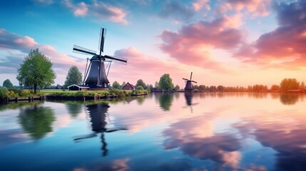 Panorama landscape windmills on water canal in village. Colorful spring sunset in Netherlands,...