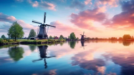 Fototapeten Panorama landscape windmills on water canal in village. Colorful spring sunset in Netherlands, Europe © Muhammad