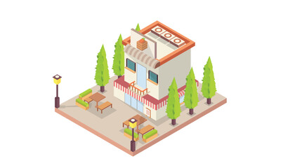 Isometric cafe building with red awnings and outdoor seats and tables.on white background.isometric design. 3D design elements for construction of urban and village landscapes.