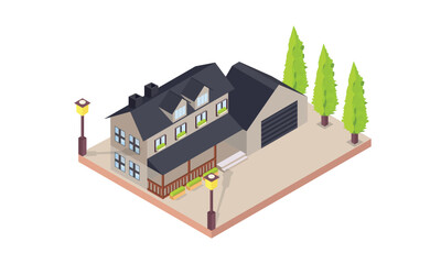 Isometric Modern wooden suburban residential building with garage and fence.on white background.isometric design. 3D design elements for construction of urban and village landscapes.