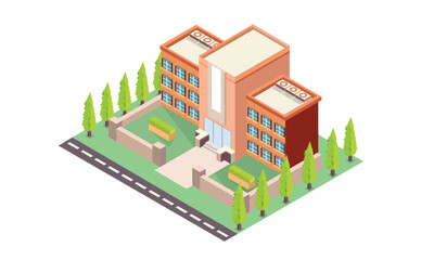 Isometric School building Vector.on white background.isometric design. 3D design elements for construction of urban and village landscapes.