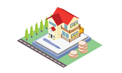 Isometric Buy a mortgage and join hands with a real estate agent. Invest money in real estate, home loans, rentals and home equity loans.on white background.isometric design. 3D design elements.