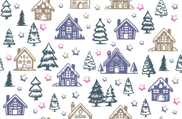 Christmas house and tree drawn illustrations