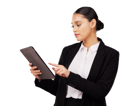 Business woman, tablet and reading information, human resources software or review job application. Professional employee typing or scroll on digital technology isolated on transparent PNG background