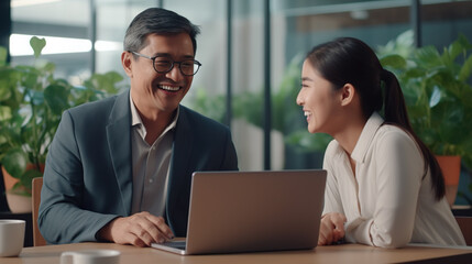 Male and female businessmen Working together happily, laughing and smiling. Analyze business data from worldwide network data connection.