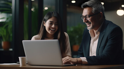 Male and female businessmen Working together happily, laughing and smiling. Analyze business data from worldwide network data connection.