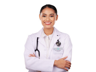 Happy woman, portrait and professional doctor with arms crossed in confidence isolated on a transparent PNG background. Female person, healthcare or medical expert smile for medicine with stethoscope - obrazy, fototapety, plakaty