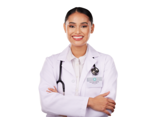 Happy woman, portrait and professional doctor with arms crossed in confidence isolated on a transparent PNG background. Female person, healthcare or medical expert smile for medicine with stethoscope