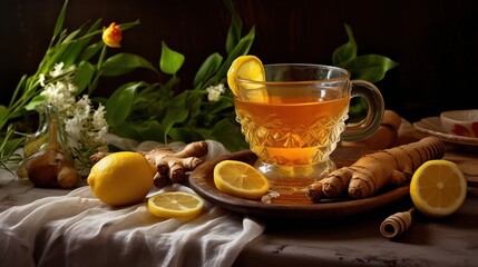 Ginger tea with lemon and honey on a wooden table