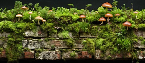 The green moss and fungi create a natural and beautiful background pattern on the stone and brick walls giving the landscape of Valencia a distinctive and enchanting shape - obrazy, fototapety, plakaty