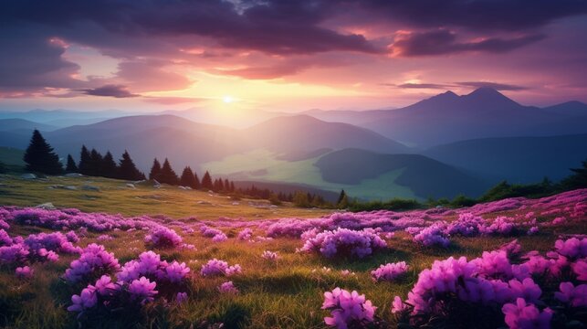 Rhododendron flowers covered mountains meadow in summer time. Purple sunrise light glowing on a foreground. Landscape photography