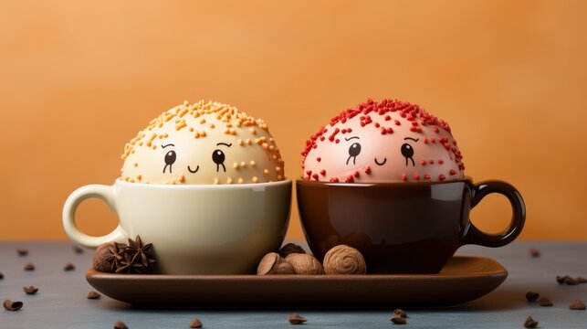 Happy Couple Cups Hot Drink Resting, Gradient Color Background, Background Images , Hd Wallpapers