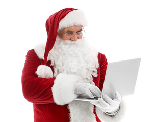 Santa Claus using laptop on white background