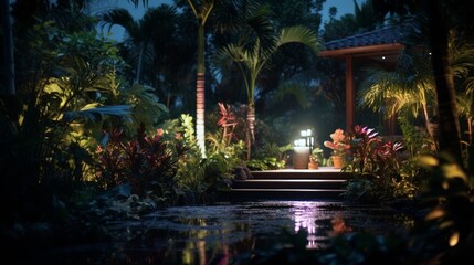 Fototapeta na wymiar tropical Backyard Garden Illumination. Illuminated Garden at Night with Various of Plants