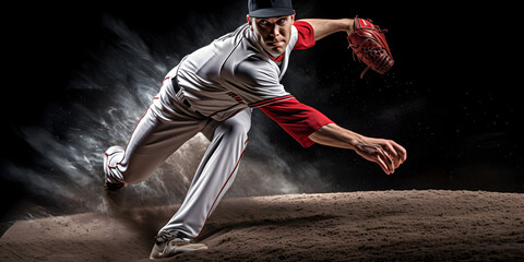 Focused baseball pitcher in mid-throw, capturing the dynamic energy and concentration of the sport.
