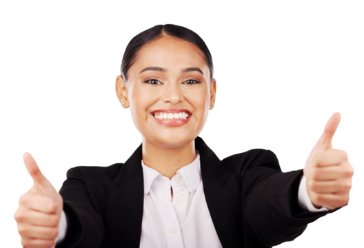 Business woman, thumbs up and happy for success, achievement or support with like emoji in portrait. Face of person isolated or winner with yes, OK or good job hands on transparent PNG background - Powered by Adobe
