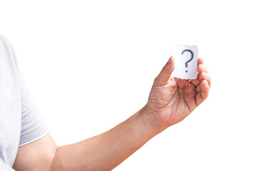 Man holding a paper with a question mark on it. Isolated, transparent background.
