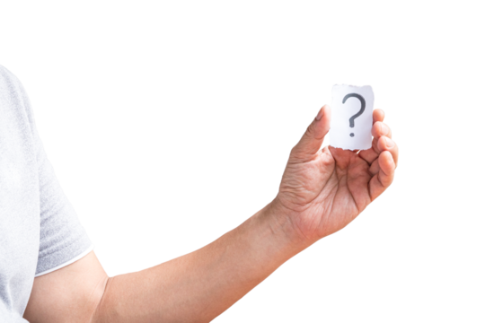 Man holding a paper with a question mark on it. Isolated, transparent background.
