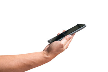 Man holding a cellphone, close up and side view. Isolated, on transparent background.