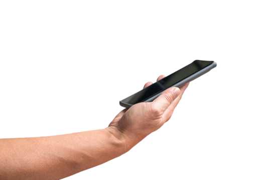 Man holding a cellphone, close up and side view. Isolated, on transparent background.